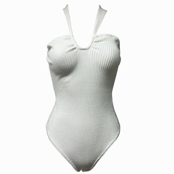 Abercrombie & Fitch Off White Ribbed Halter Neck Seamless Bodysuit Size Small - Picture 1 of 5